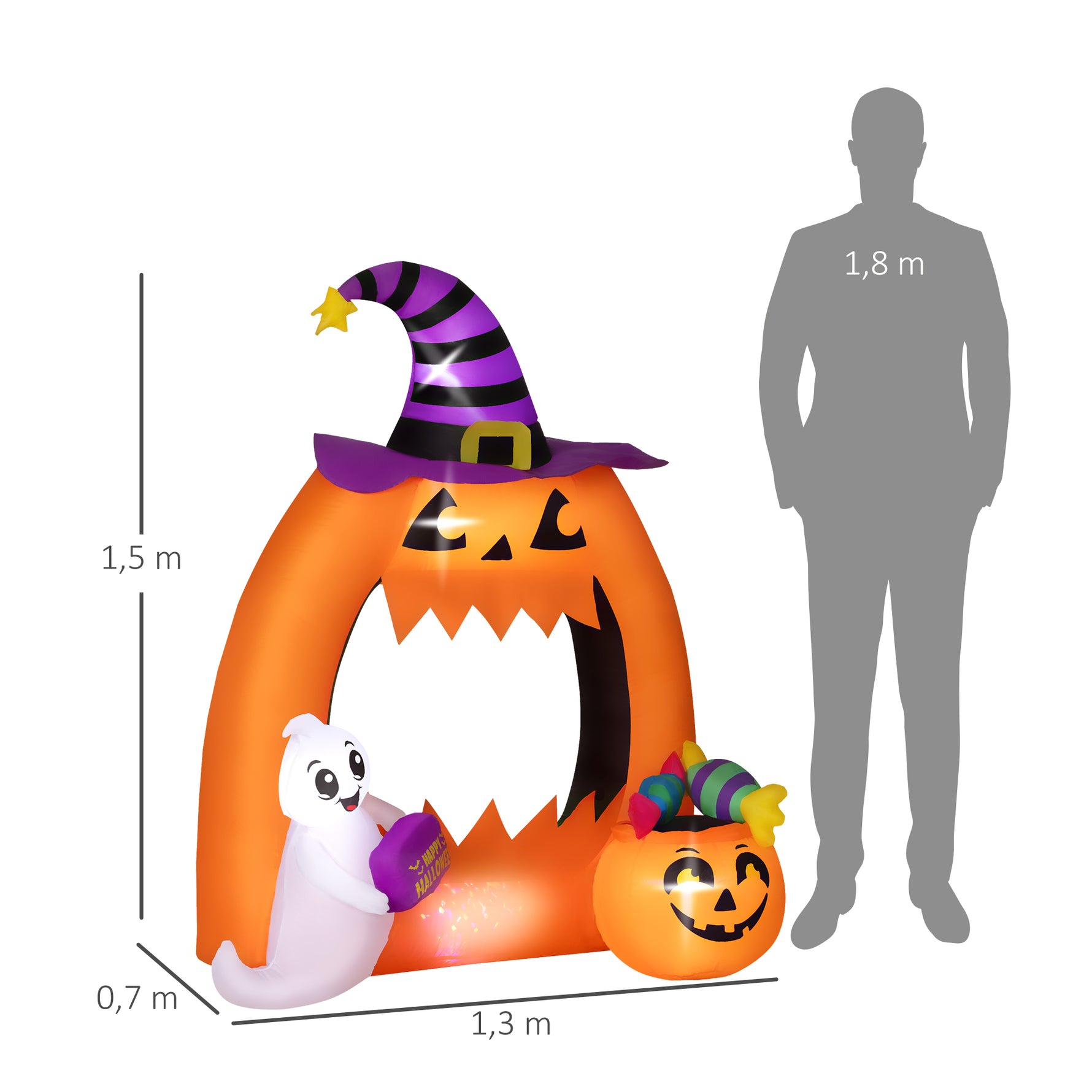 Arche de citrouille gonflable d'Halloween 150 cm avec fantôme mignon décoration gonflable d'Halloween avec lumières LED