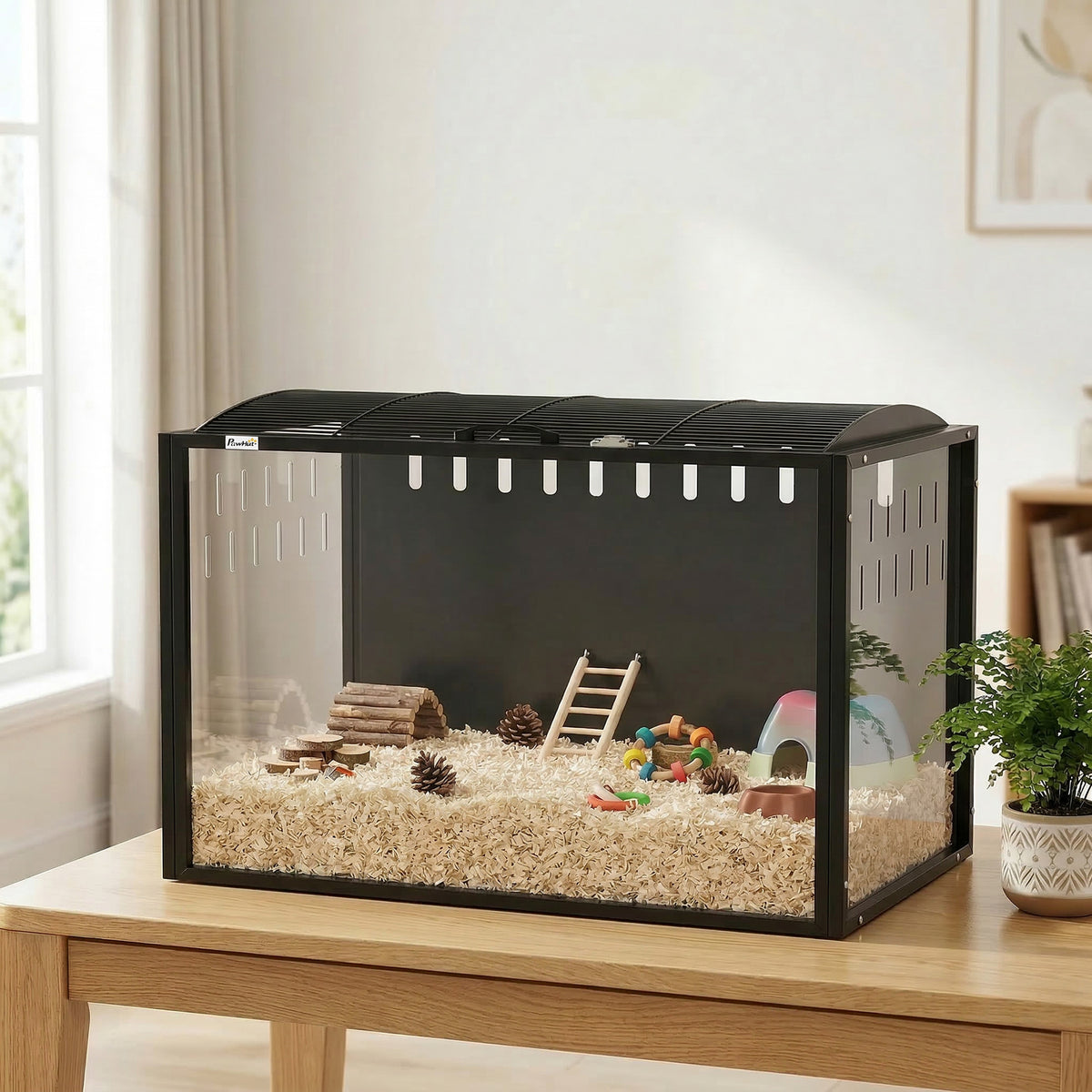 Jaula gigante para hámster, hábitat para roedores de acero y acrílico transparente con vista panorámica, 81 x 51 x 53 cm, negro