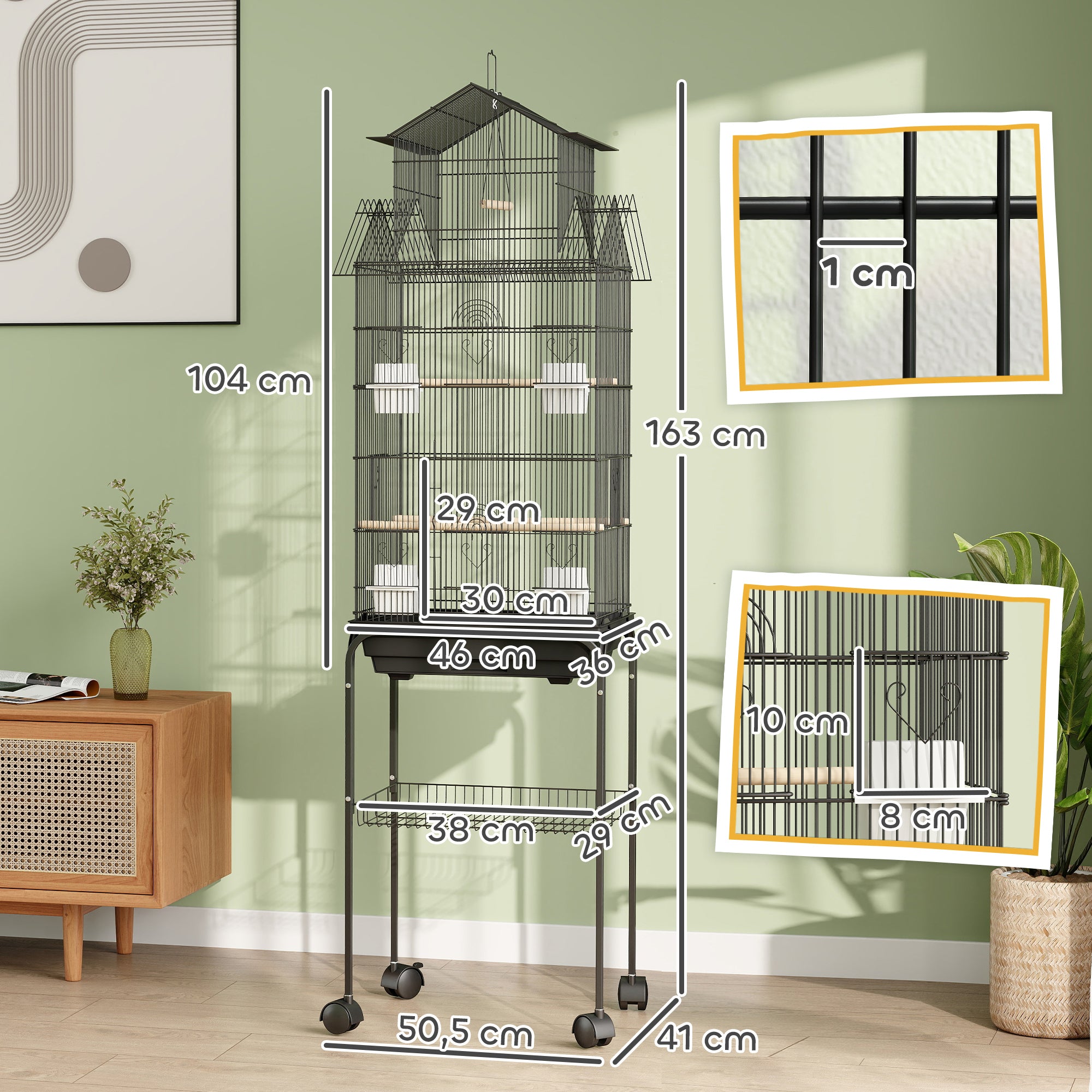 Cage à oiseaux sur pied, volière sur roulettes avec balançoire, support, design maison, 50,5 x 41 x 163 cm en acier noir