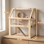 Cage Hamster Rongeur à 3 Niveaux, Fond Amovible, Cabane, Balançoire, 60x40x75cm, Finition Bois Naturel