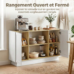 Buffet Cuisine, Meuble de Rangement avec 2 Portes et 2 Étagères Ouvertes, 133 x 35 x 79,7 cm, Bois Naturel et Blanc