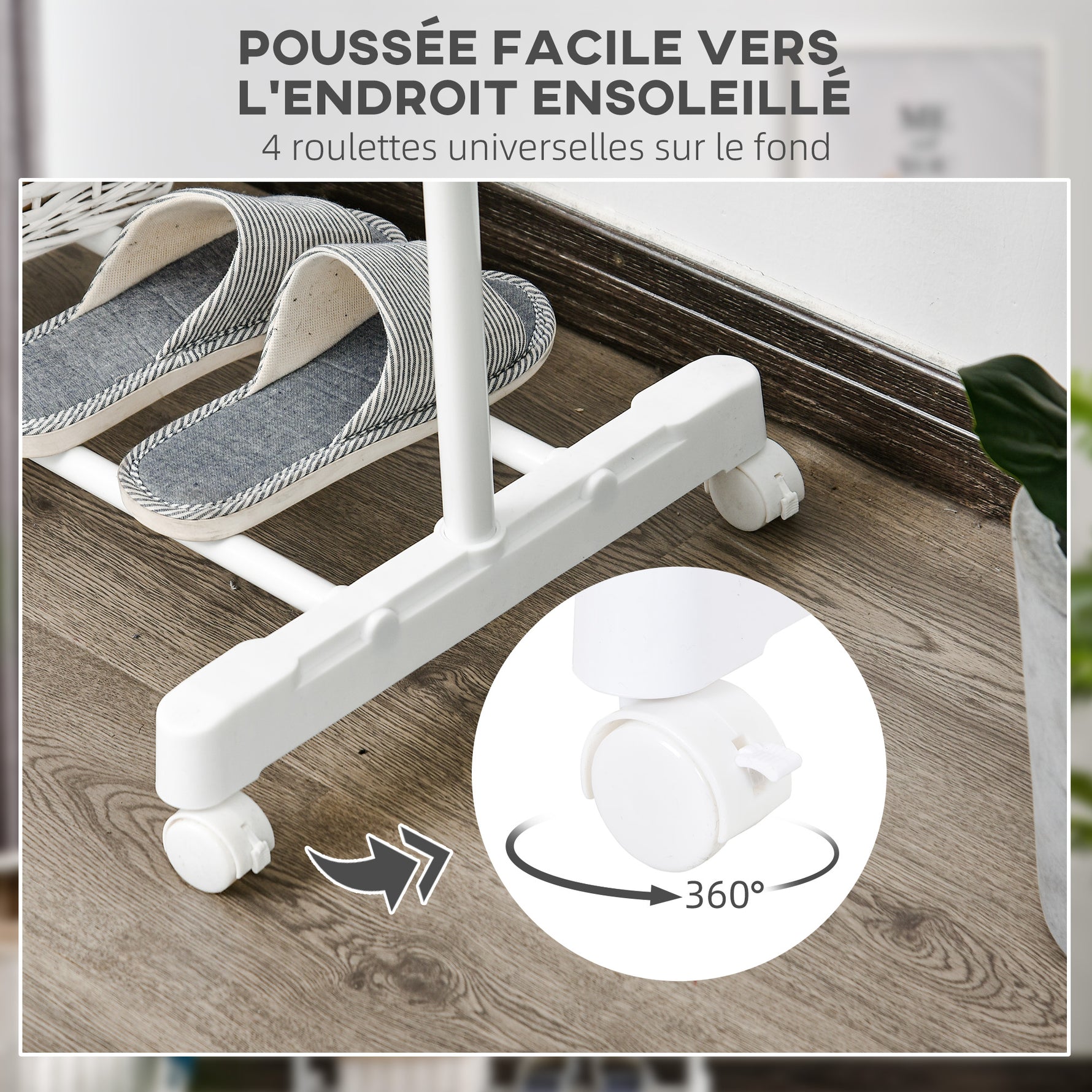 Portant à vêtements, penderie vêtement en acier avec support à chaussures et crochets latéraux, argent et blanc