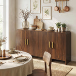 Credenza da cucina, mobile contenitore con 4 ante a chiusura ammortizzata, 4 scomparti e bordi arrotondati, 152x40x80cm, noce