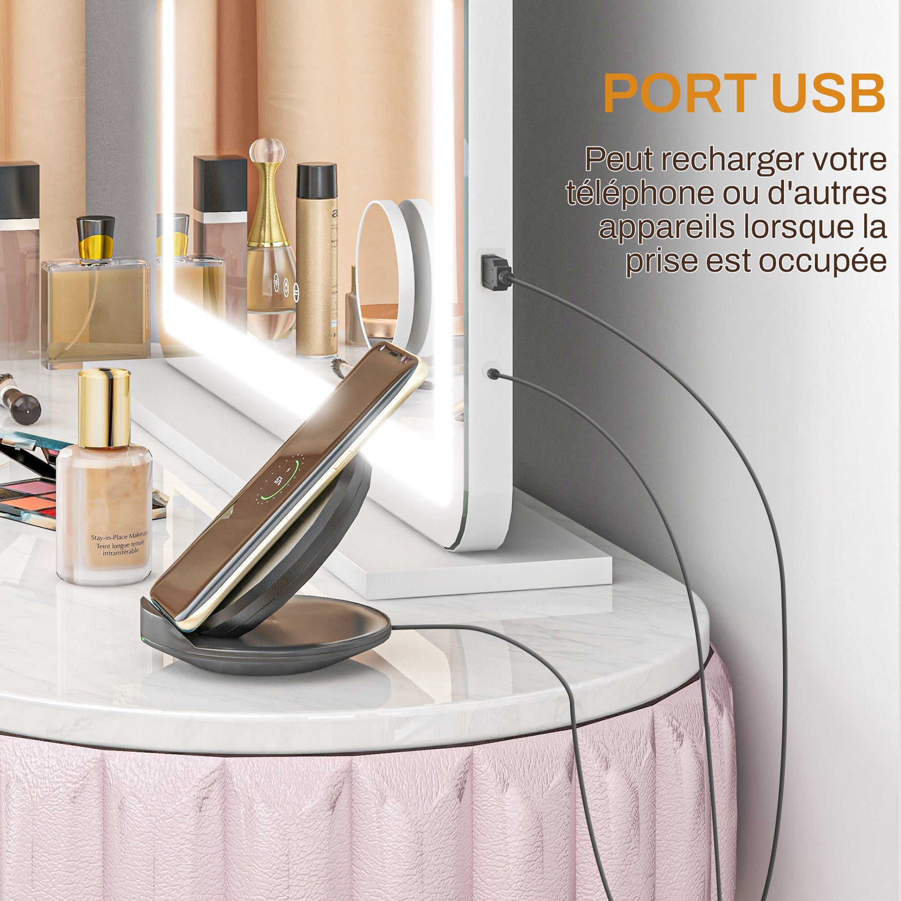 Miroir Lumineux LED intensité 3 modes d'éclairage, grossissement 10X,  port de charge USB, touche tactile - 80 x 62 cm