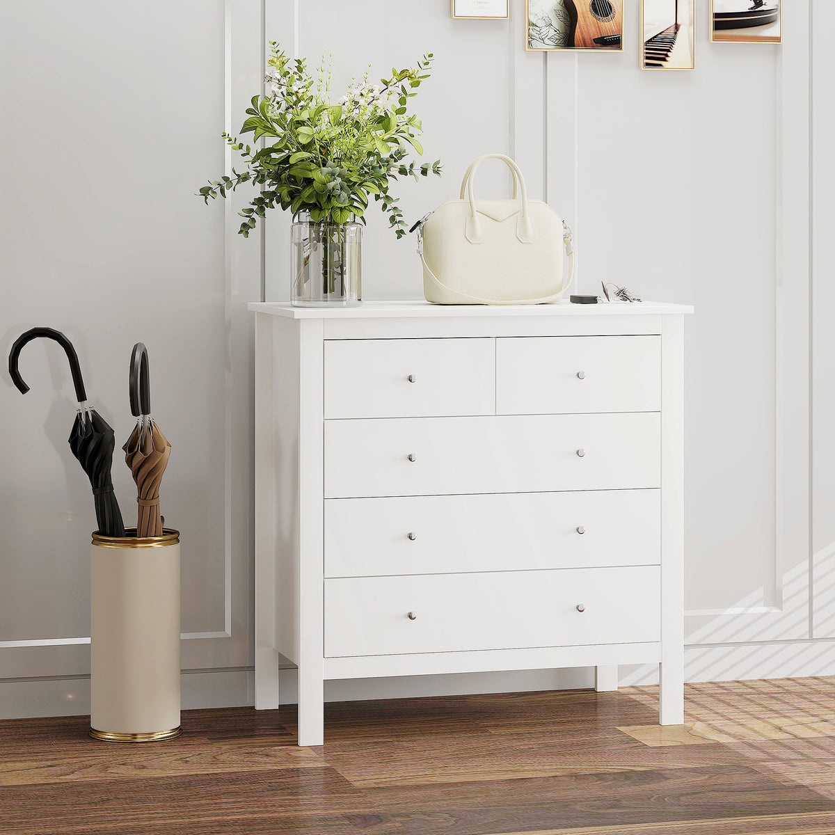 Commode à 5 tiroirs, meuble de rangement, avec poignées, glissières métalliques,  en bois, 79l x 39,5P x 80,5H cm, blanc