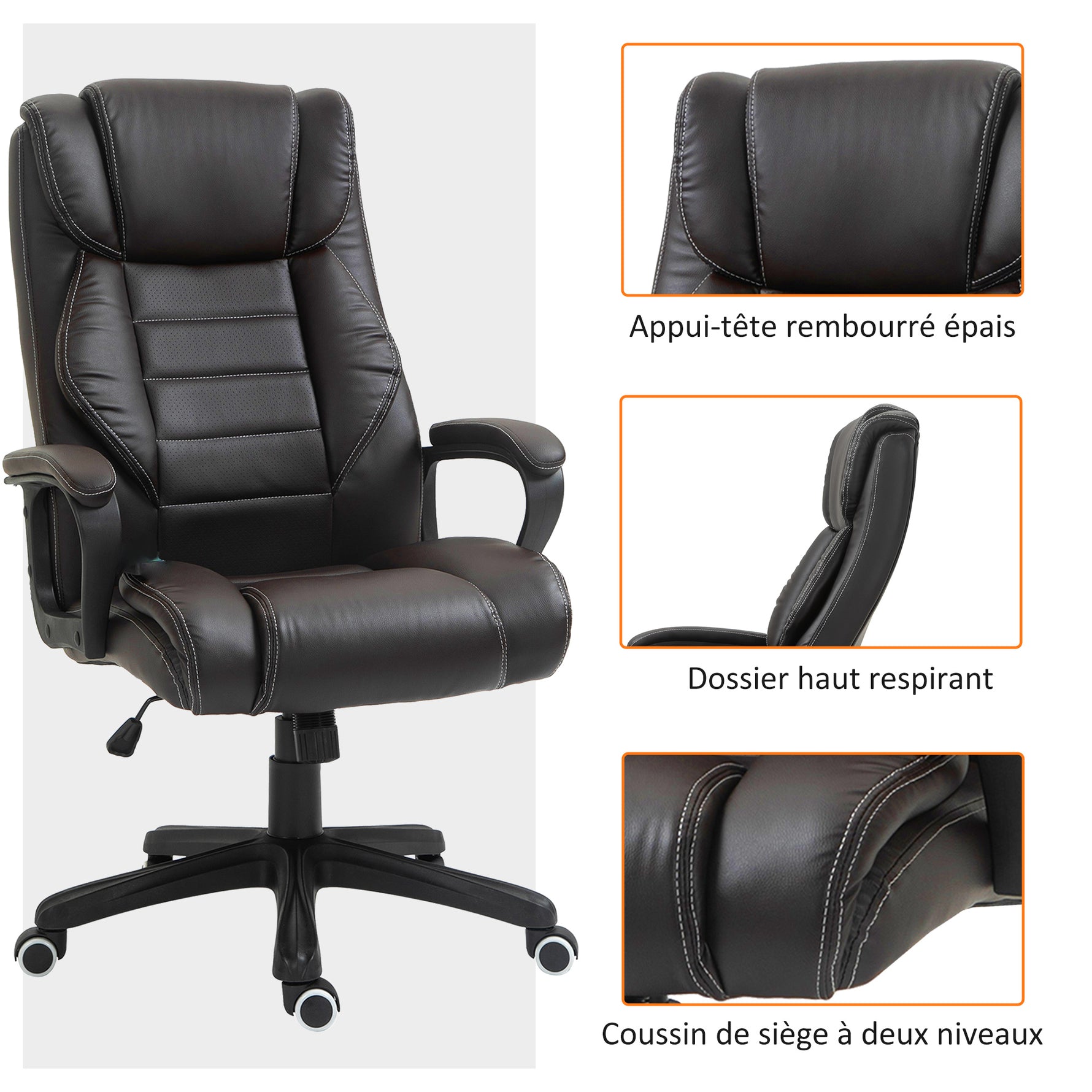 Fauteuil de bureau massant  fauteuil bureau ergonomique grand confort hauteur réglable fonction dossier à bascule revêtement synthétique brun