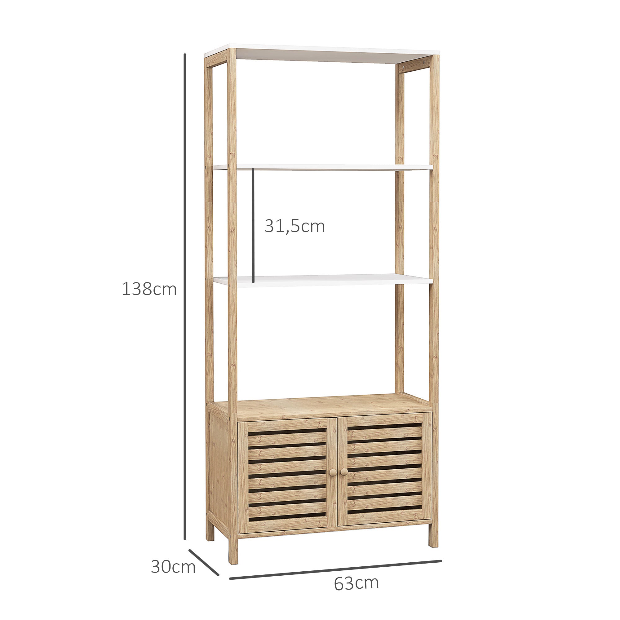 Colonne de salle de bain armoire de rangement en bambou 3 étagères 1 placard 63 x 30 x 138 cm bois naturel et blanc