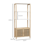 Colonne de salle de bain armoire de rangement en bambou 3 étagères 1 placard 63 x 30 x 138 cm bois naturel et blanc