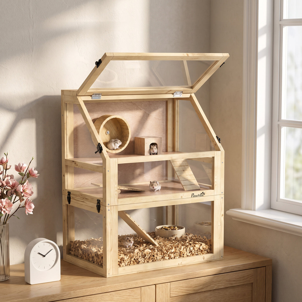 Cage Hamster Rongeur à 3 Niveaux, Fond Amovible, Cabane, Balançoire, 60x40x75cm, Finition Bois Naturel