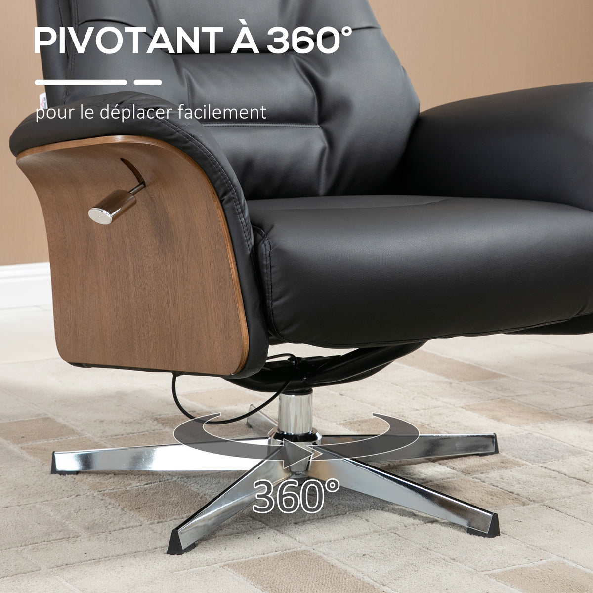 Fauteuil relax avec repose-pied, fauteuil de relaxation avec dossier inclinable, têtière réglable, 80x84x108cm, noir
