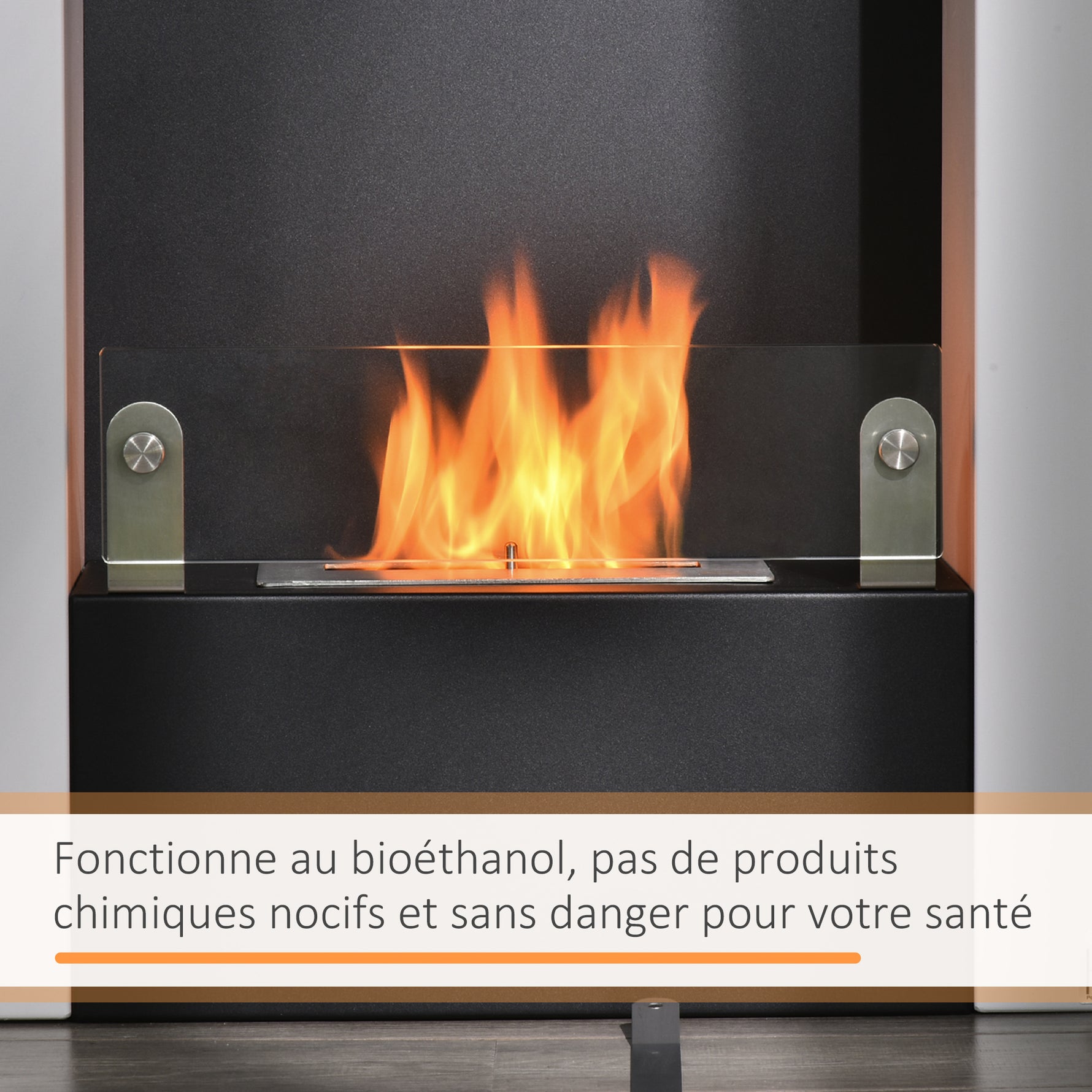 Cheminée bioéthanol brûleur 0,9 L avec plateau de rangement en verre trempé 60 x 20 x 79 cm Acier Noir et Blanc