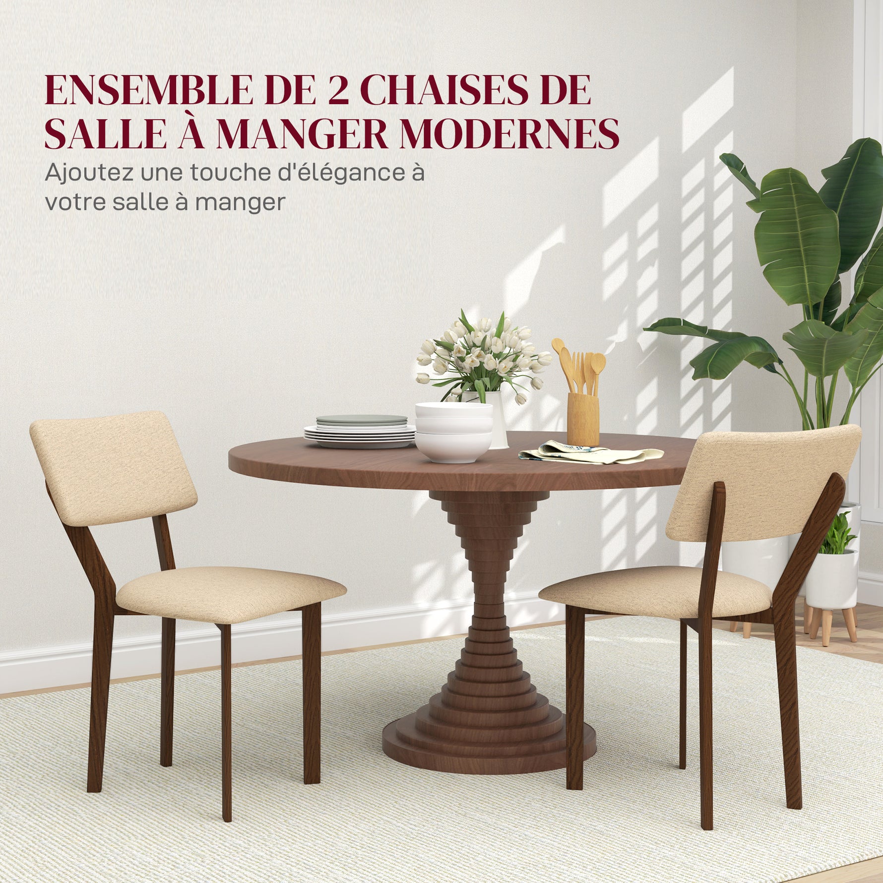 Lot de 2 chaises salle à manger chaises de cuisine avec dossier pieds en bois tissu effet lin 49 x 56 x 85 cm beige