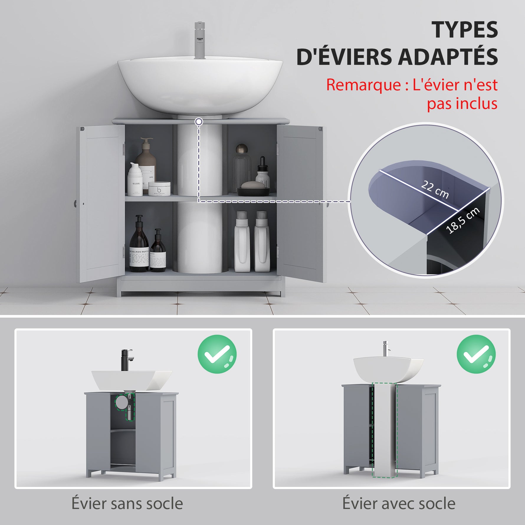 Meuble salle de bain sous lavabo - meuble sous-vasque - placard 2 portes avec étagère 60L x 30l x 60H cm - en bois Gris