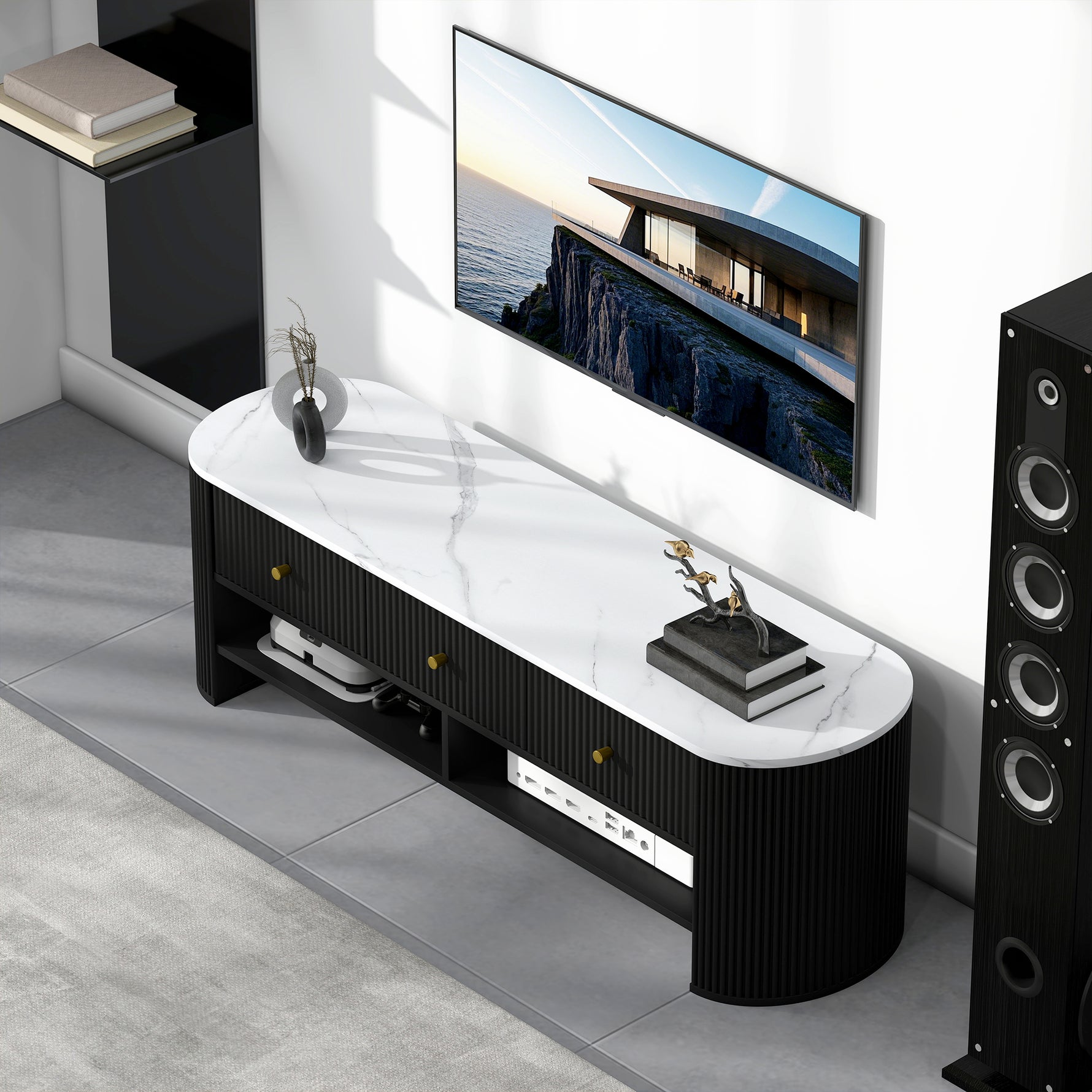 Meuble TV 140 cm, meuble télé pour téléviseur 65 pouces effet marbre avec 3 tiroirs façades à cannelures 2 étagères noir
