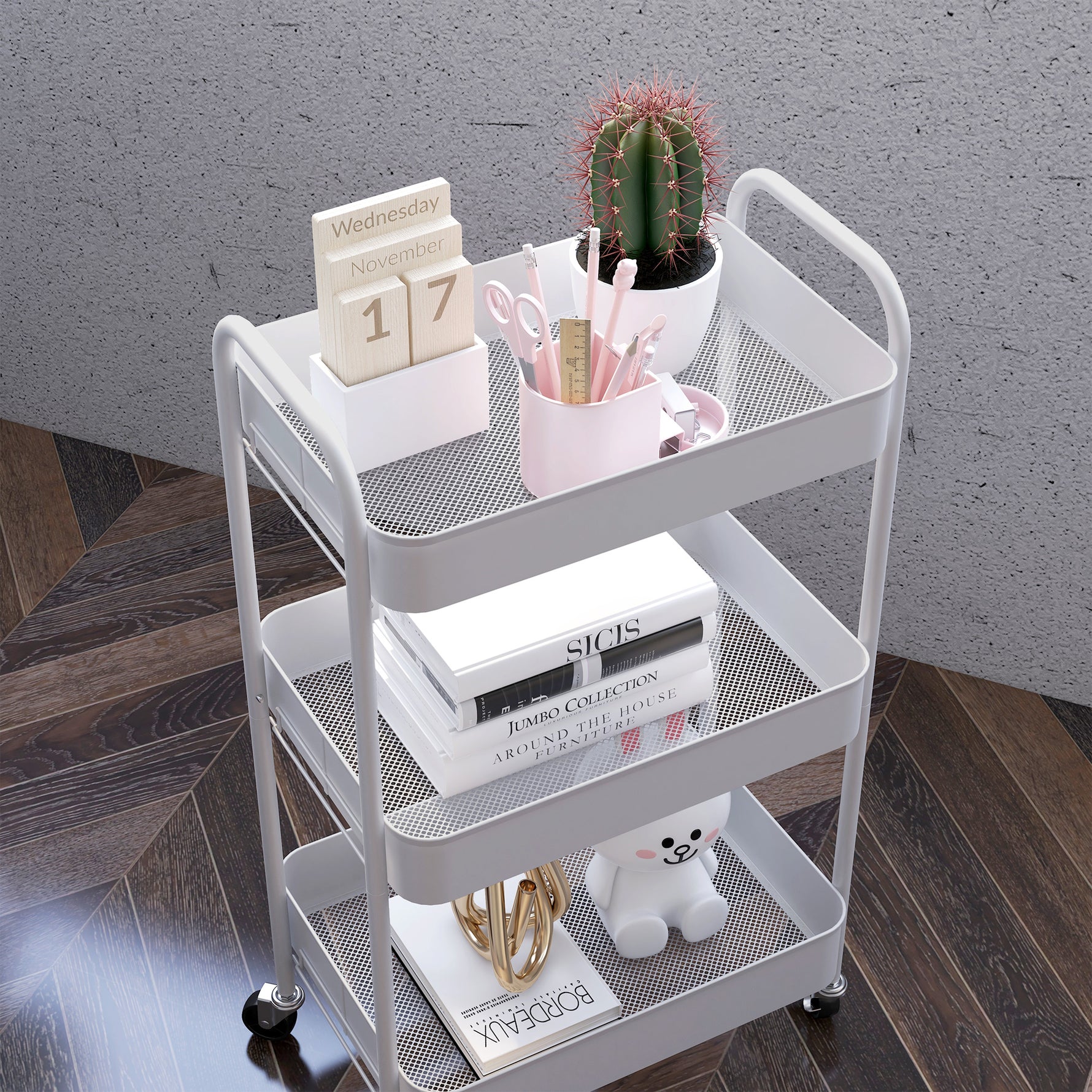 Desserte chariot de rangement en acier chariot de service à roulettes 3 plateaux ajourés 45 x 30,6 x 79 cm blanc