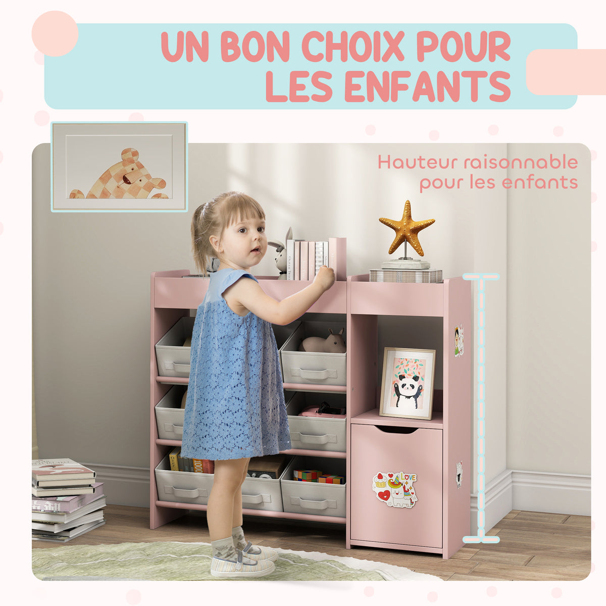Meuble rangement enfant étagère de rangement pour jouets enfants avec 9 tiroirs en tissu et placard, rose