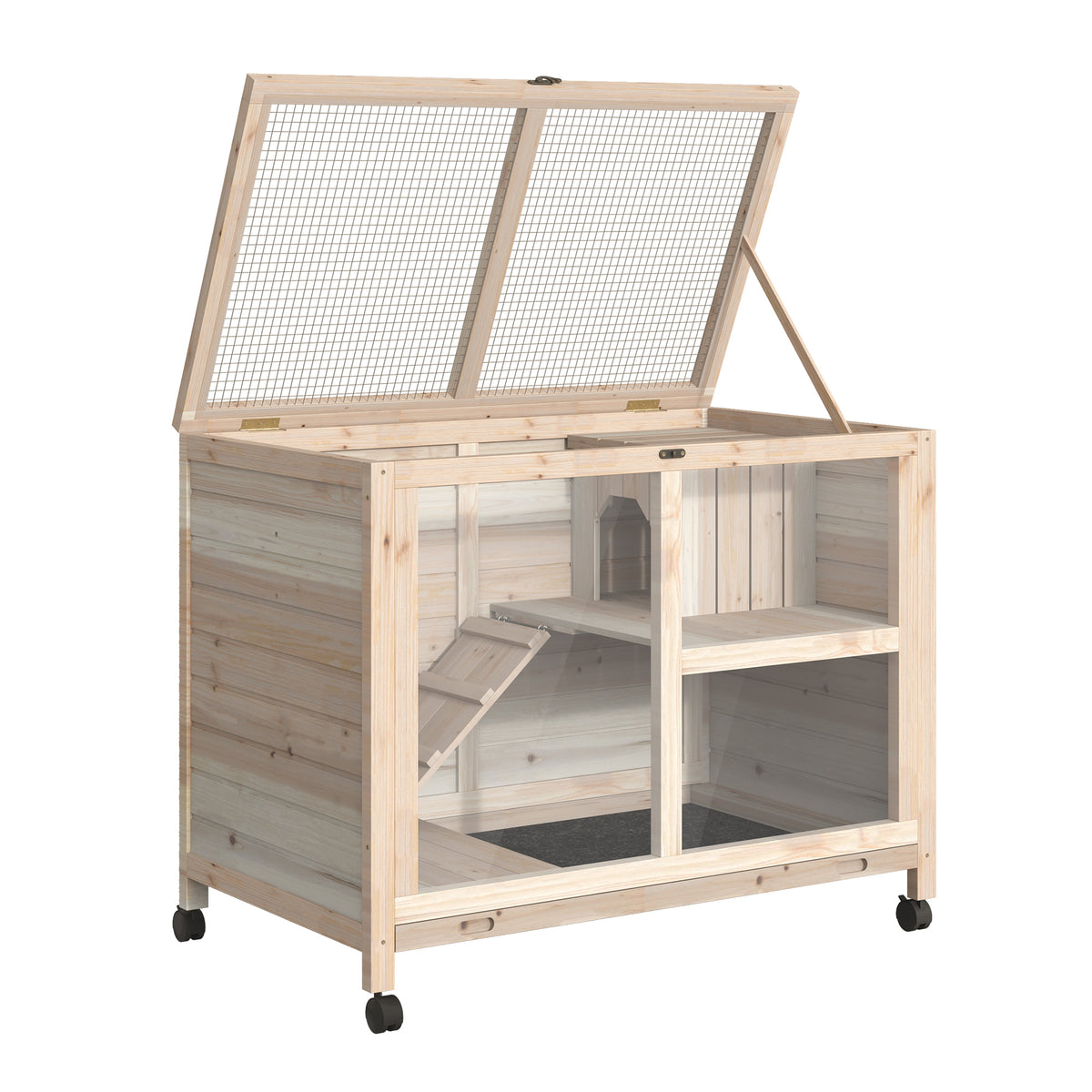 Cage à lapin clapier sur roulettes petit enclos animaux en bois massif 2 étages toit ouvrant plates-formes 91,5 x 53,3 x 73 cm bois naturel