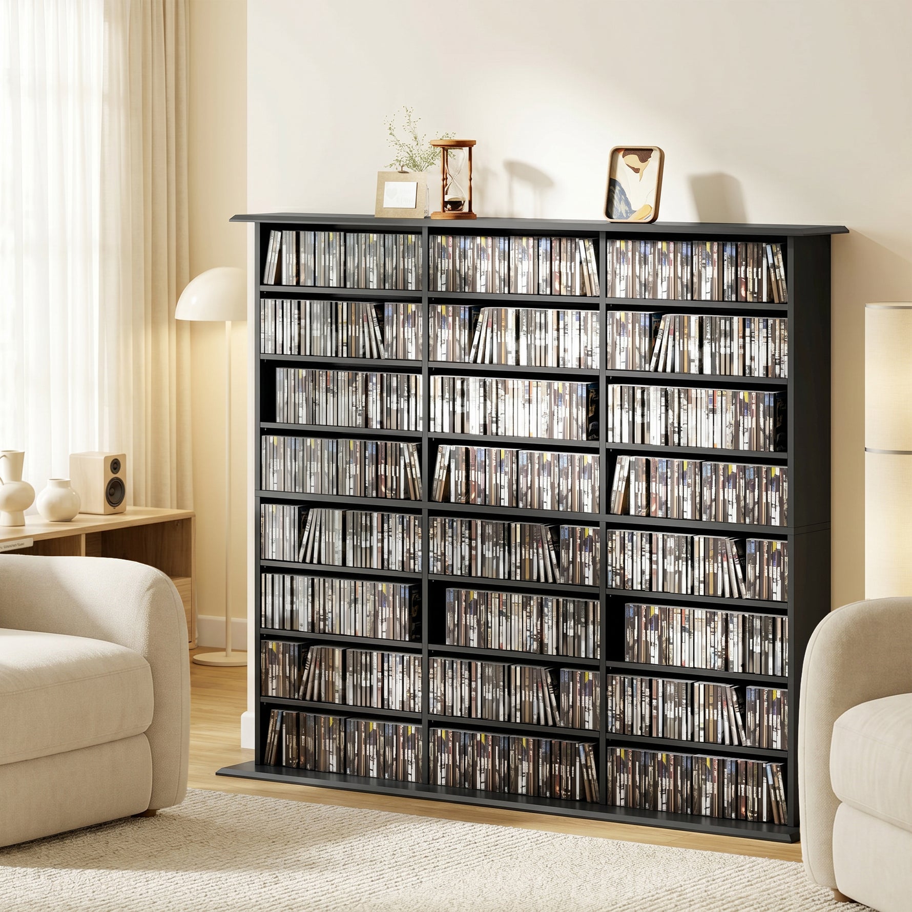 Meuble de rangement 1032 CDs / 594 DVDs, étagère multimédia, 24 compartiments et 18 étagères ajustables, noir