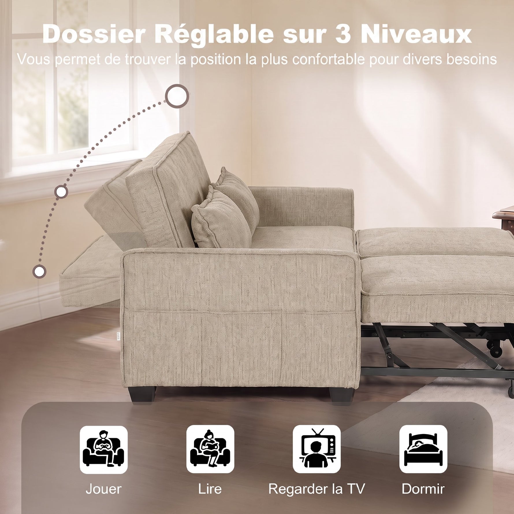 Canapé Convertible 2 Places 4 en 1, Canapé-Lit d'Angle en Chenille 167cm, Dossier Réglable, Assise Large, Marron