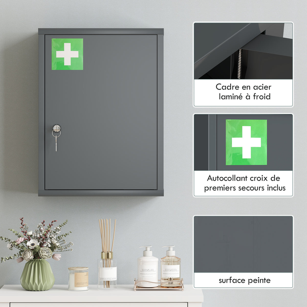 Armario botiquín de pared de acero, armario para medicamentos de 3 niveles con puerta con cerradura y 2 llaves, 40x15x53,5 cm, gris