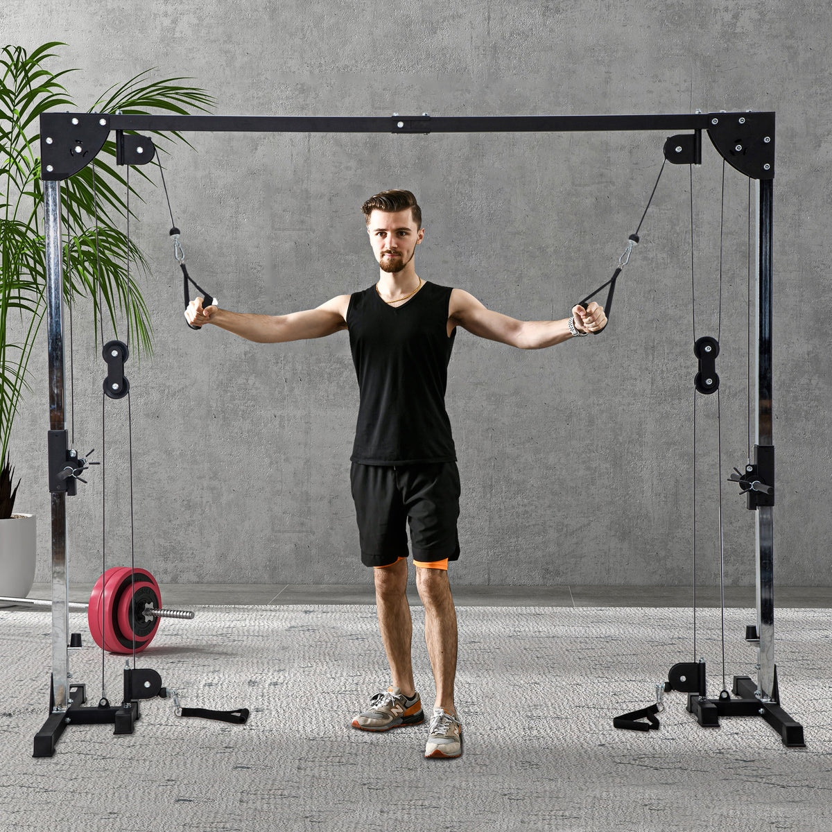 Appareil de musculation double poulie vis à vis crossover, charge libre avec haltère 2 x 50kg dim. 245L x 85l x 207H cm