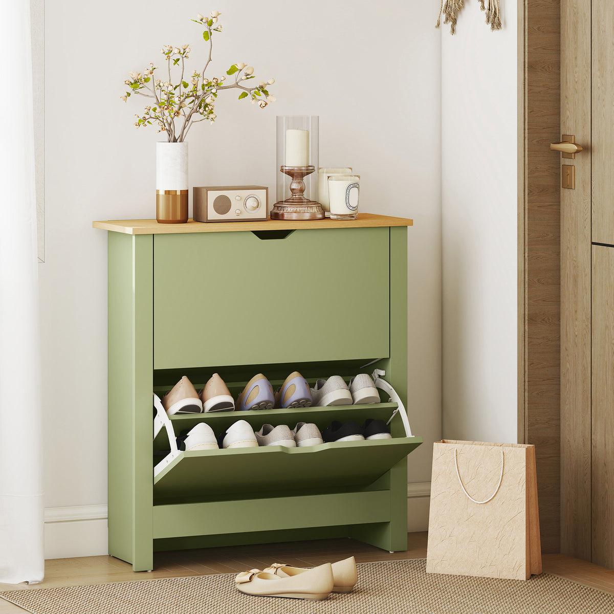 Meuble à chaussures 12 paires, armoire à chaussures étroite avec 2 tiroirs rabattables et étagères réglables, vert