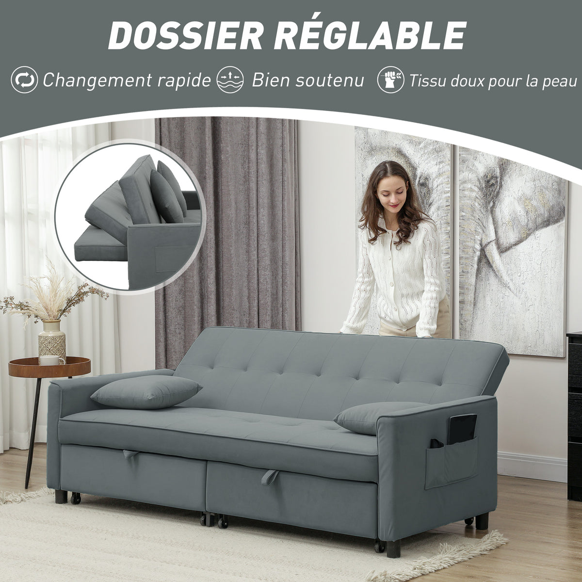Canapé convertible 3 places canapé-lit clic-clac réversible avec dossier réglable et coussins, 196 x 90 x 89 cm, gris