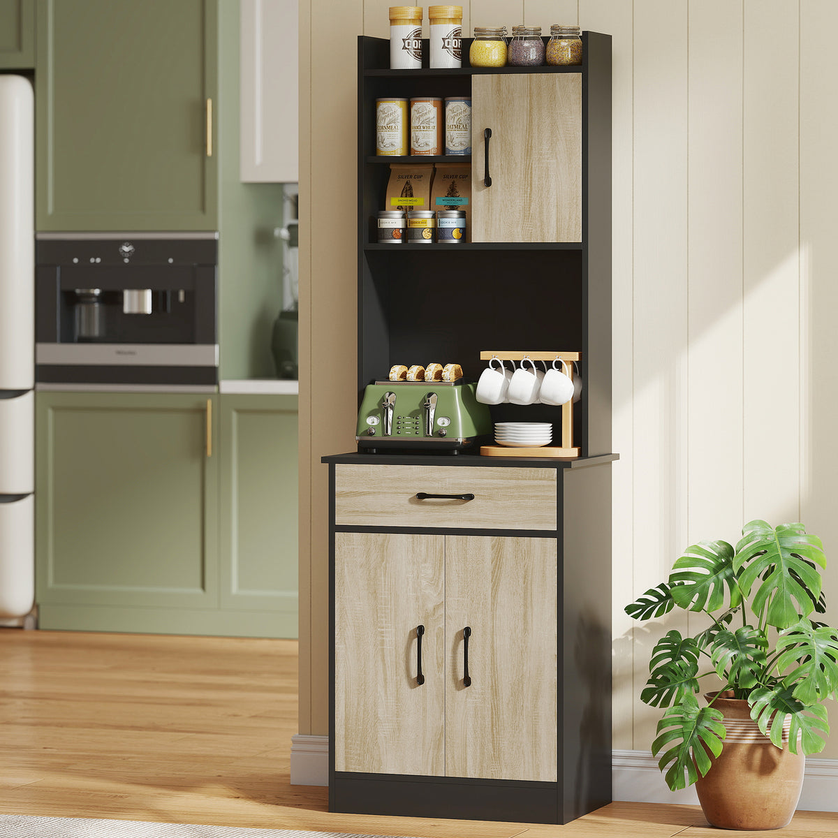 Buffet haut cuisine, armoire de cuisine, tiroir, 3 portes, étagères ouvertes, plan de travail, 60x40x180cm, bois naturel