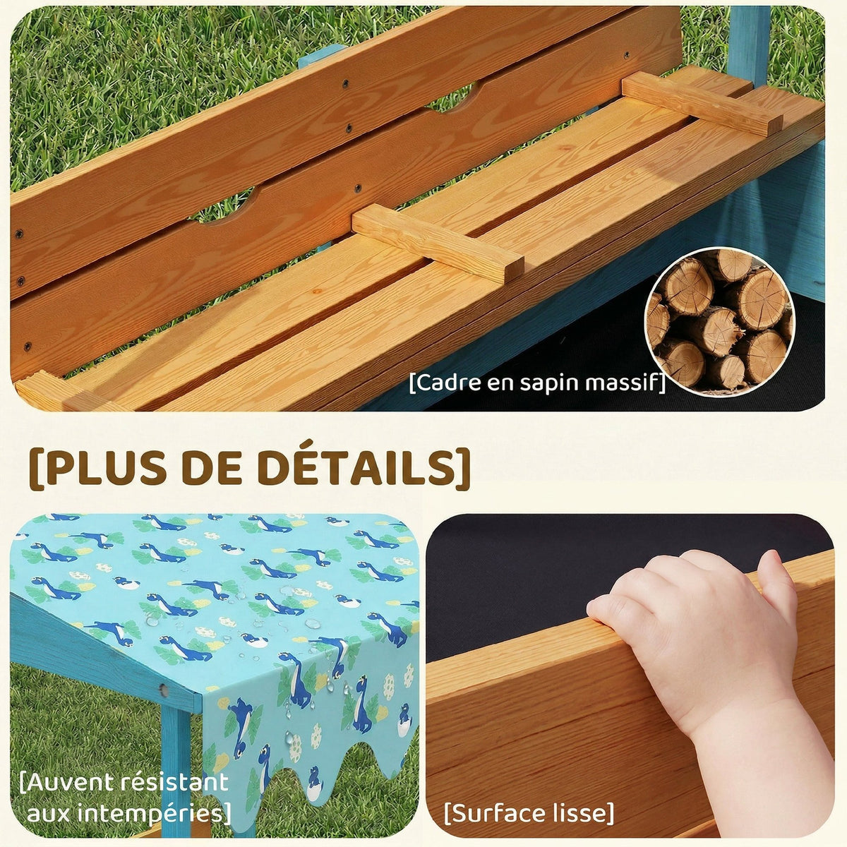 Sandkasten aus Holz mit Deckel, Outdoor-Sandkasten für Kinder mit klappbaren Sitzen und bedruckter Plane mit blauen Flamingos