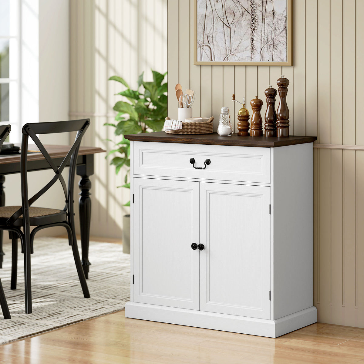 Credenza da soggiorno, mobile contenitore con 2 ante, cassetto silenzioso, ripiano regolabile, 80x40x85cm, bianco e marrone