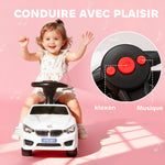 Porteur enfants voiture, véhicule à pousser avec coffre à jouets, klaxon, phares et musique, 63,5 x 28 x 36 cm, blanc