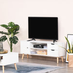 Meuble TV Banc TV Style scandinave Placard 2 niches 2 tiroirs Passe-Fils Panneaux Particules Blanc Bois pin