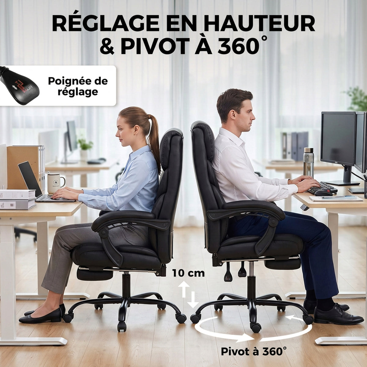 Chaise Bureau Ergonomique Inclinable, Fauteuil de Bureau en PU, Accoudoirs Synchronisés, Hauteur Réglable, Noir