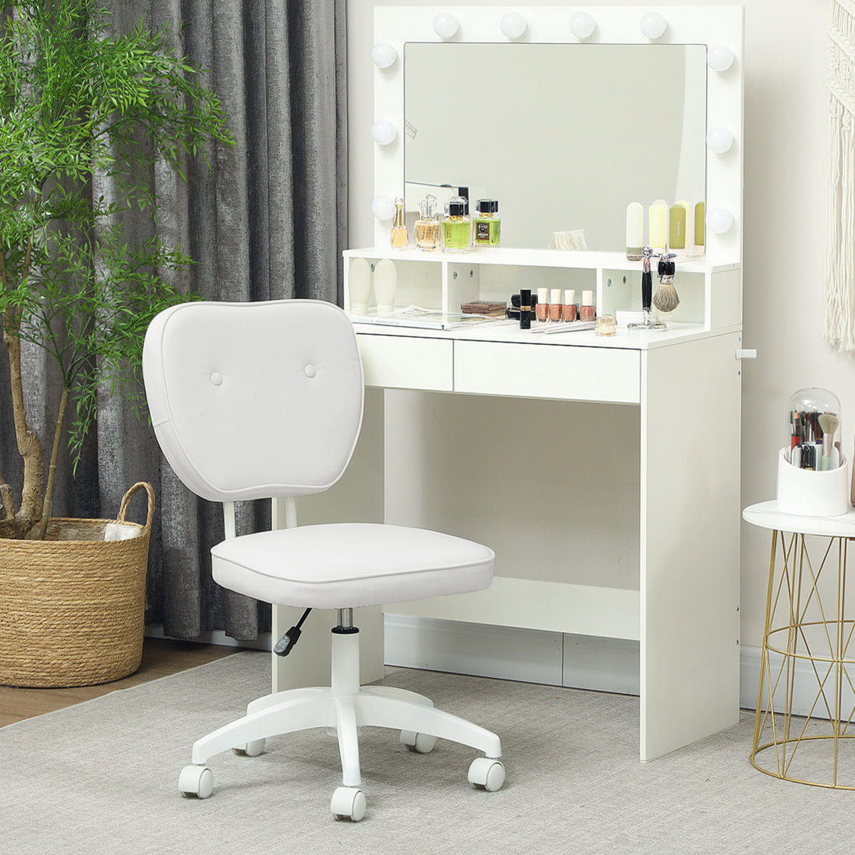 Chaise de bureau sans accoudoirs, fauteuil de bureau, hauteur réglable, pivotant 360°, 46 x 59 x 82-92 cm, blanc