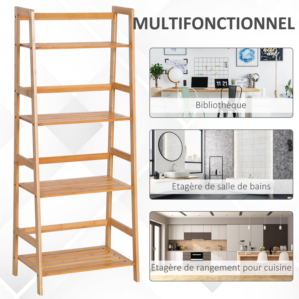 Etagère échelle en bambou 4 niveaux bibliothèque style naturel 48L x 31,5l x 120H cm