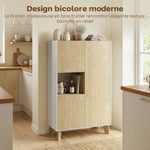 Buffet salon, meuble de rangement à 6 compartiments et portes à fermeture amortie, 80x40x135cm, blanc et bois naturel