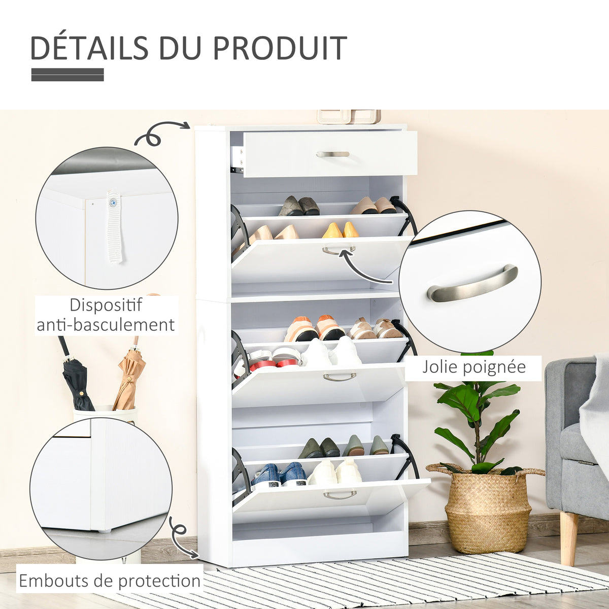 Scarpiera - 3 ante a ribalta e cassetto scorrevole - dim. 62L x 24P x 135A cm Bianco