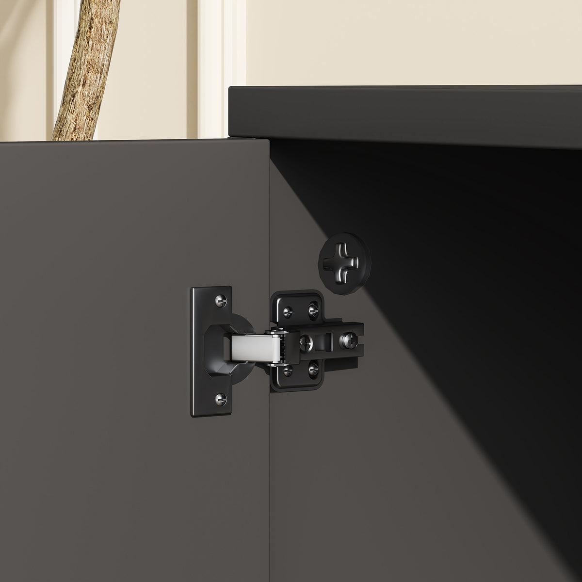Meuble TV sur roulettes avec 2 Freins - 2 niches + Placard Porte 2 Passe-Fil - en bois Noir chêne Clair