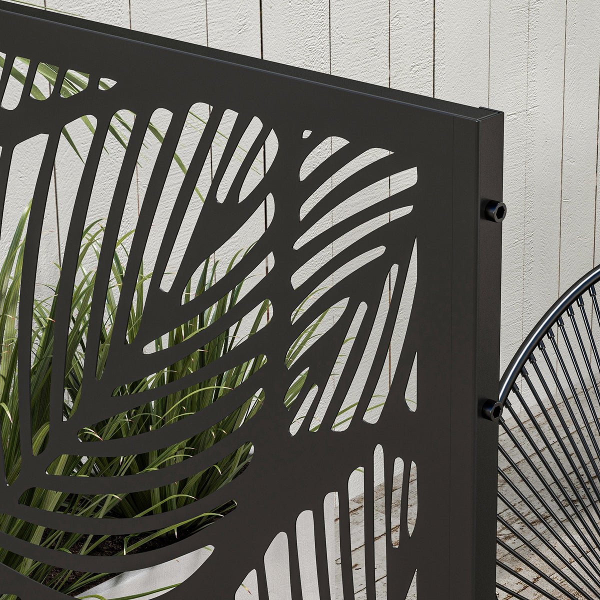 Panneau brise vue décoratif paravent extérieur noir à motif végétal en acier - 122 x 45 x 198 cm, noir