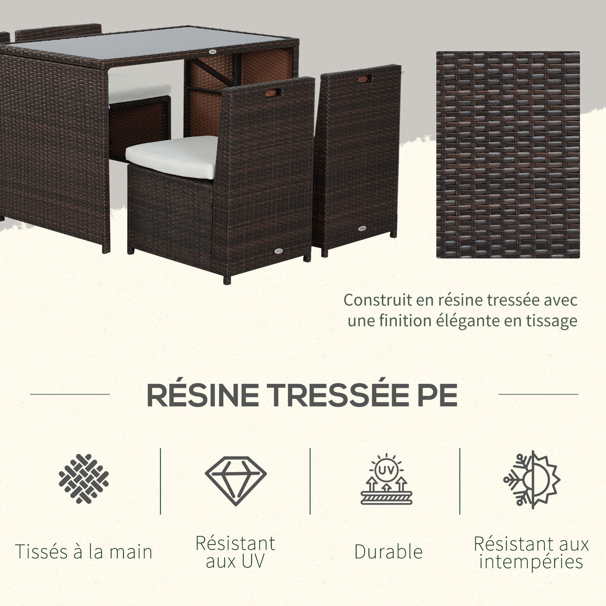 Ensemble salon de jardin encastrable 4 chaises monoblocs avec coussins déhoussables et table résine tressée