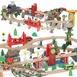 Set de Train en Bois pour Enfants, 100 Pièces, Jouets Ferroviaire Magnétique avec Grue, Pont, Hélicoptère, Multicolore