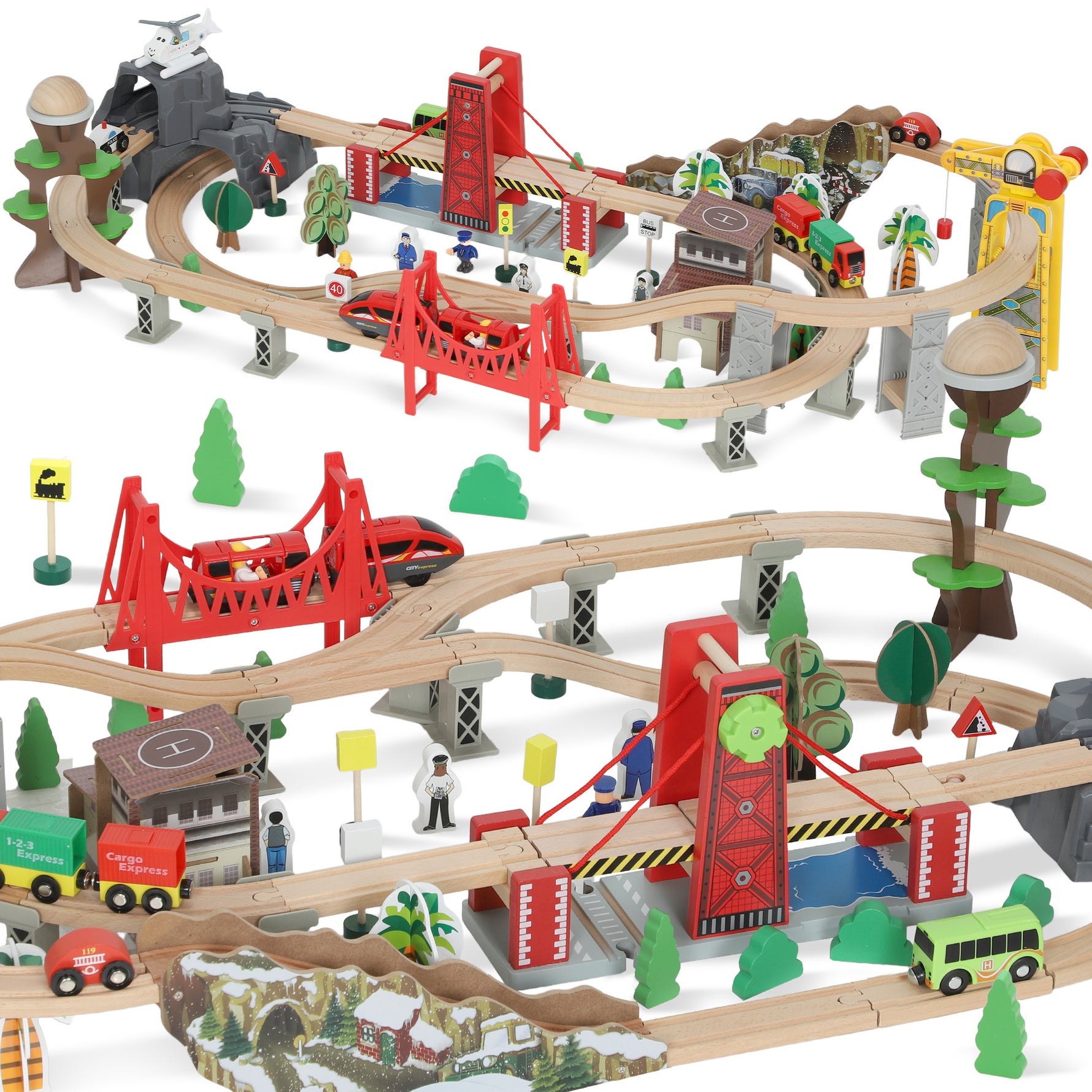 Set de Train en Bois pour Enfants, 100 Pièces, Jouets Ferroviaire Magnétique avec Grue, Pont, Hélicoptère, Multicolore