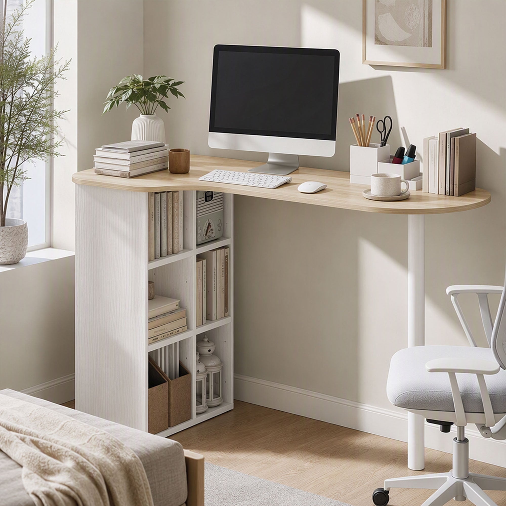 Bureau irrégulier table d'ordinateur 100 x 59 cm avec 6 compartiments, 4 étagères réglables et cadre en acier, chêne