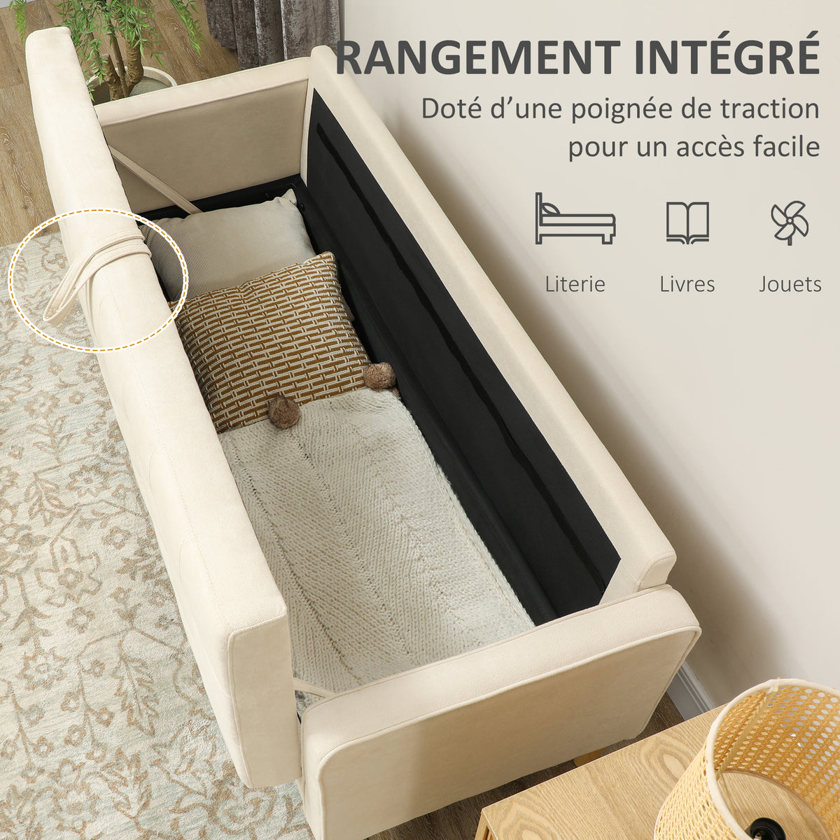 Canapé 3 places en flanelle de neige, canapé moderne avec rangement caché, dossier capitonné, 166,5 x 62 x 82 cm, crème