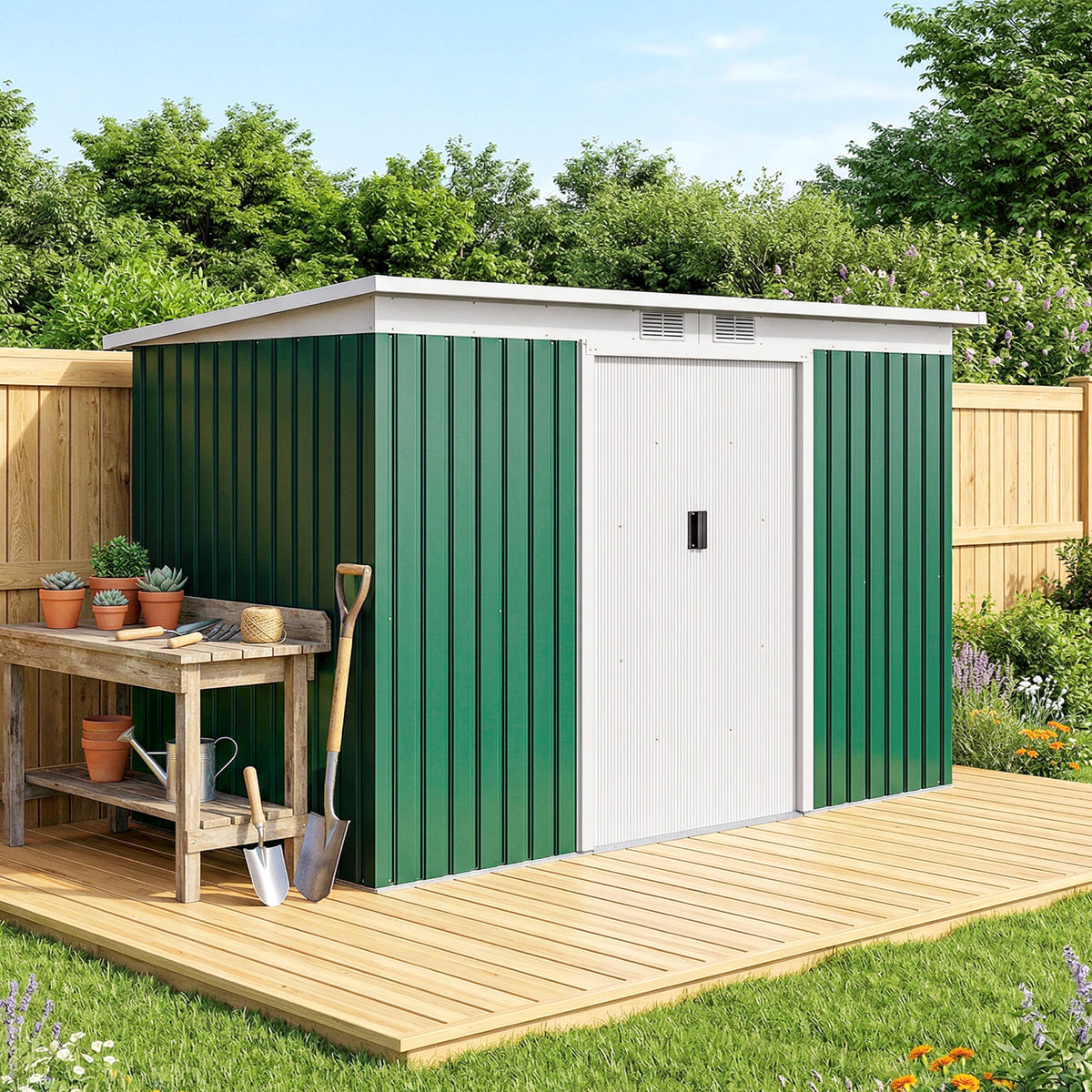 Abri de jardin 3,6 m² 280 x 130 x 172 cm kit de fondation porte coulissante ventilations acier galvanisé vert foncé