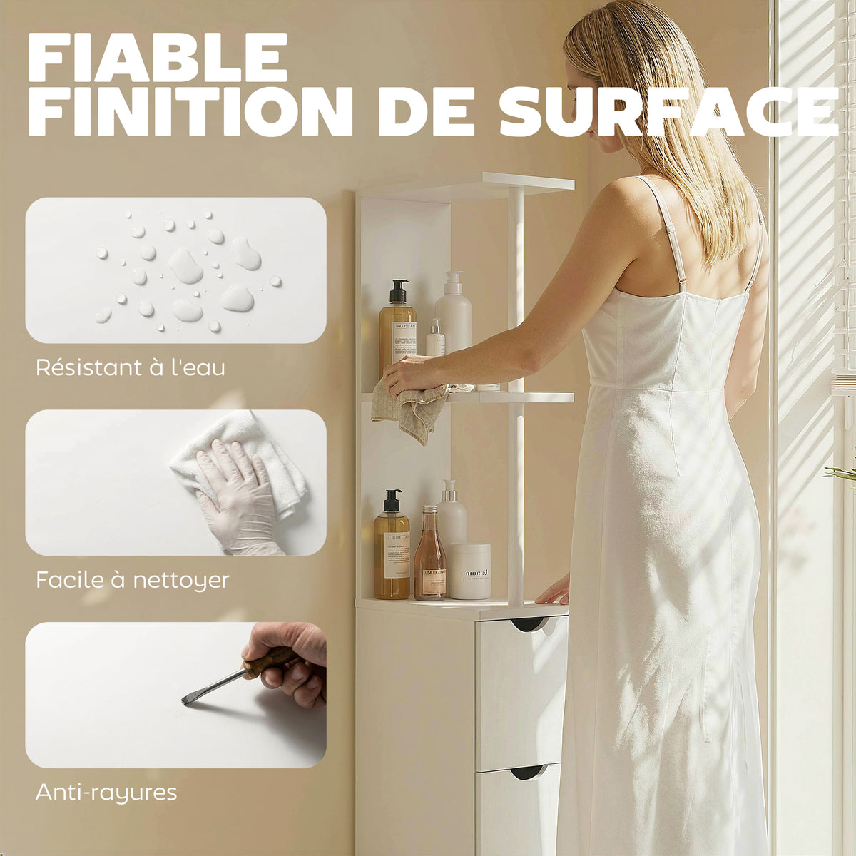 Meuble colonne salle de bain armoire de salle de bain avec tiroirs étagères ouvertes placard 15 x 33 x 136,8 cm blanc