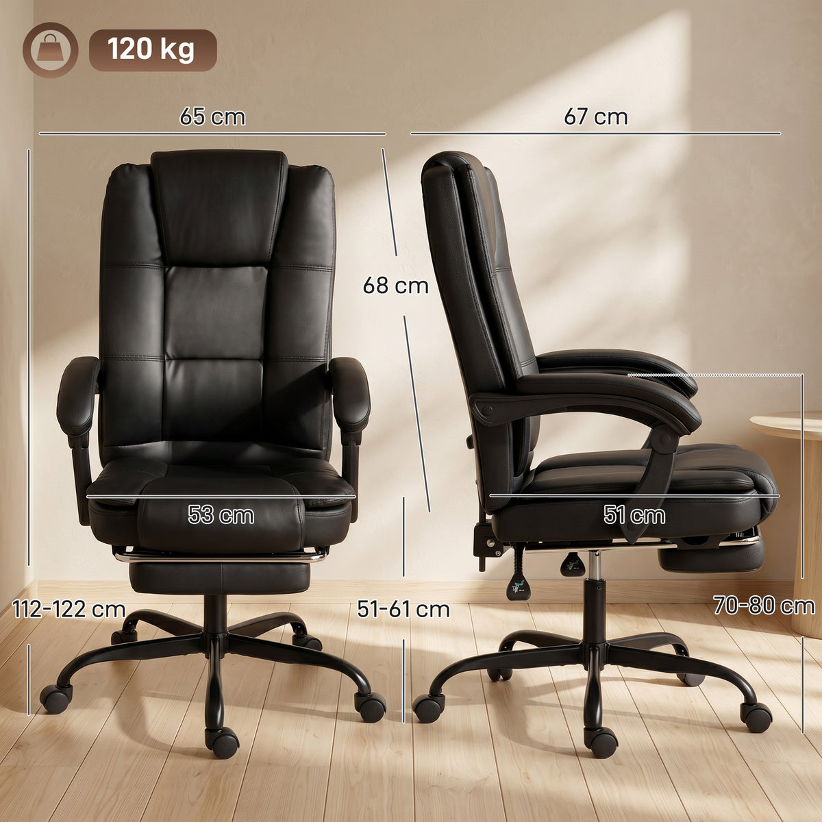 Chaise de bureau ergonomique, fauteuil de bureau inclinable en pu avec repose-pieds rétractable, hauteur réglable, noir
