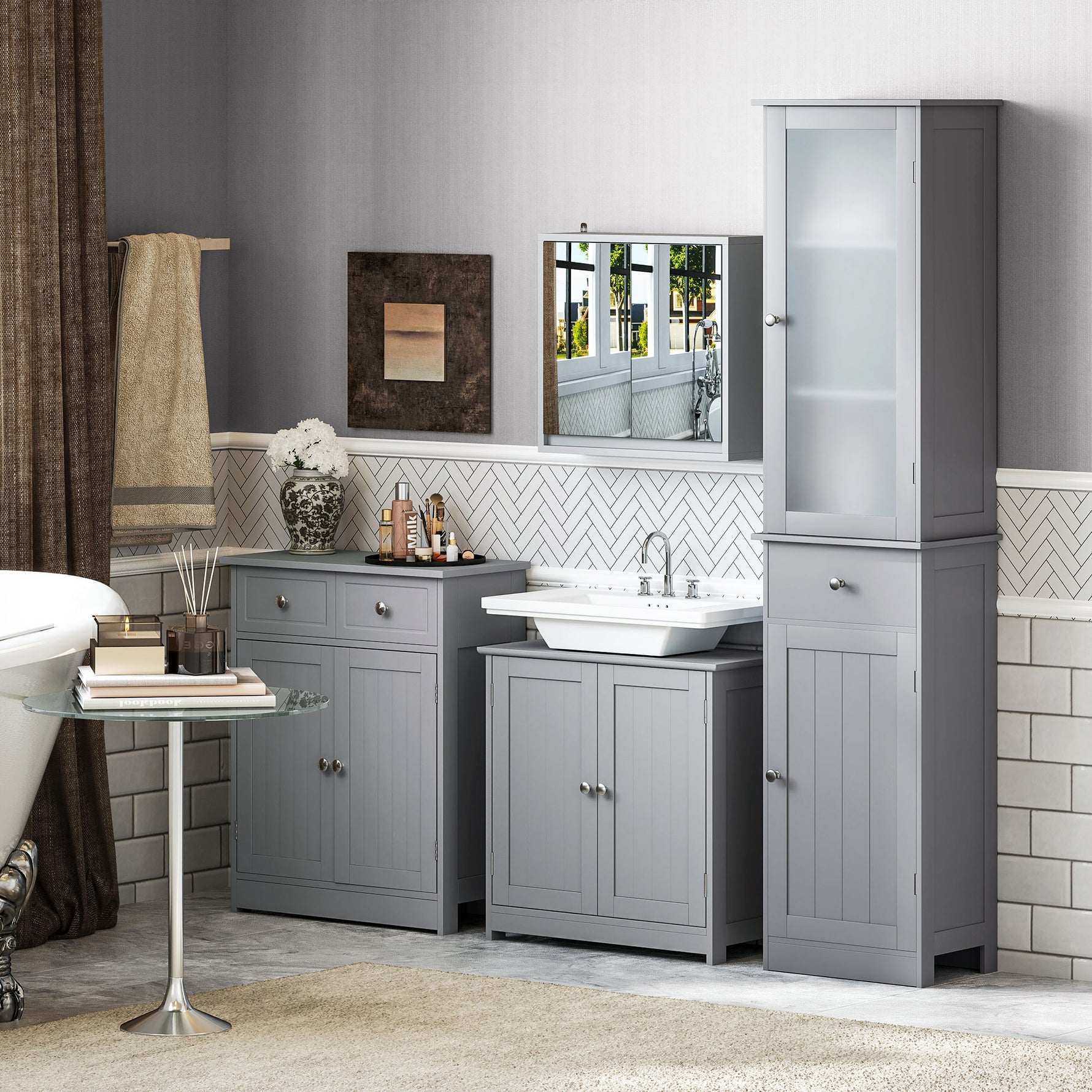 Meuble salle de bain sous lavabo - meuble sous-vasque - placard 2 portes avec étagère 60L x 30l x 60H cm - en bois Gris