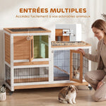 Clapier Lapin Intérieur sur Roulettes 2 Niveaux, Enclos, Rampe, 2 Portes Verrouillables, 2 Plateaux, 110x50x88cm, Jaune