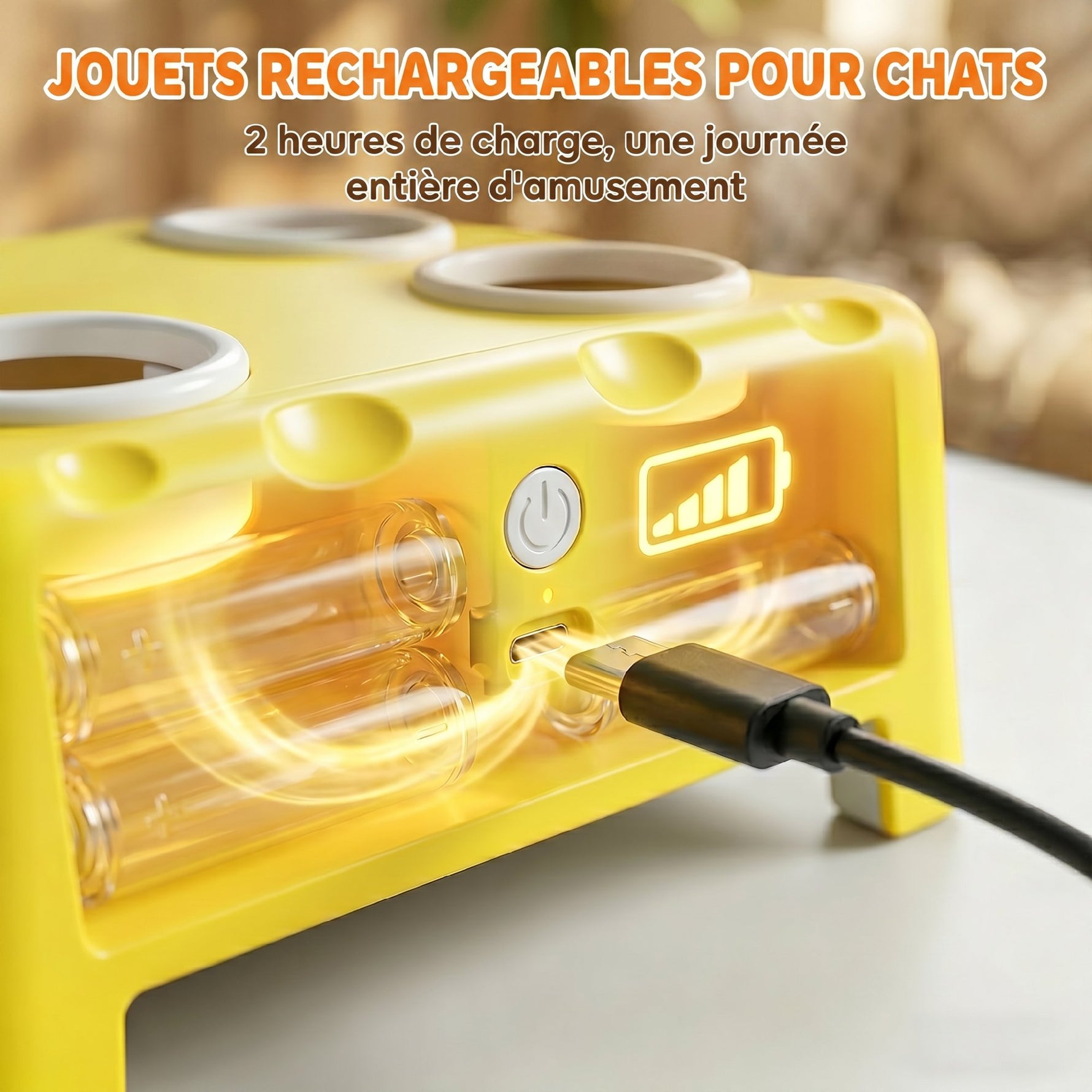 Jouet Interactif pour Chats d'Intérieur Rechargeable, 3 Modes Réglables Repos Intelligent, 18,8 x 14 x 6 cm, Jaune